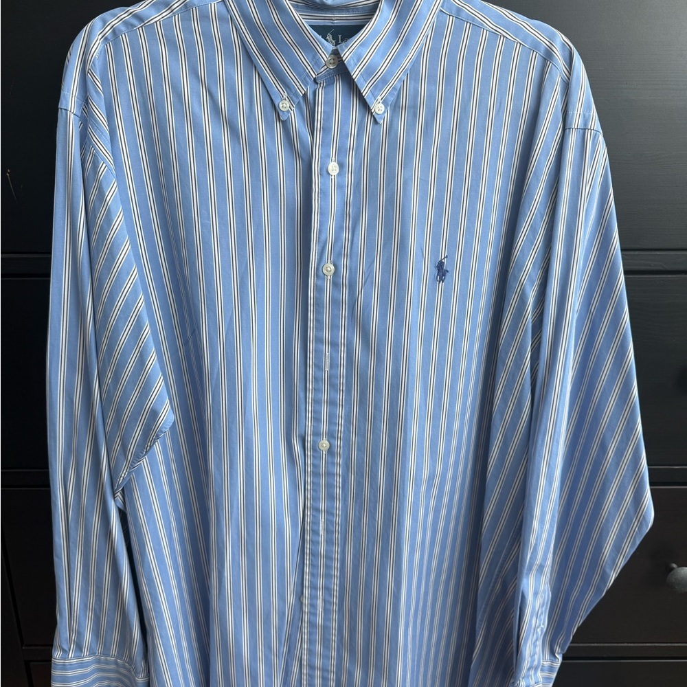 Ralph Lauren Men's Blue and White Striped Button-Down Shirt
